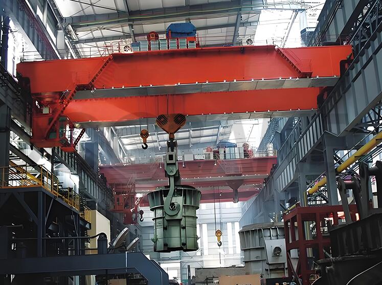 Ladle crane carrying a ladle across the melt shop